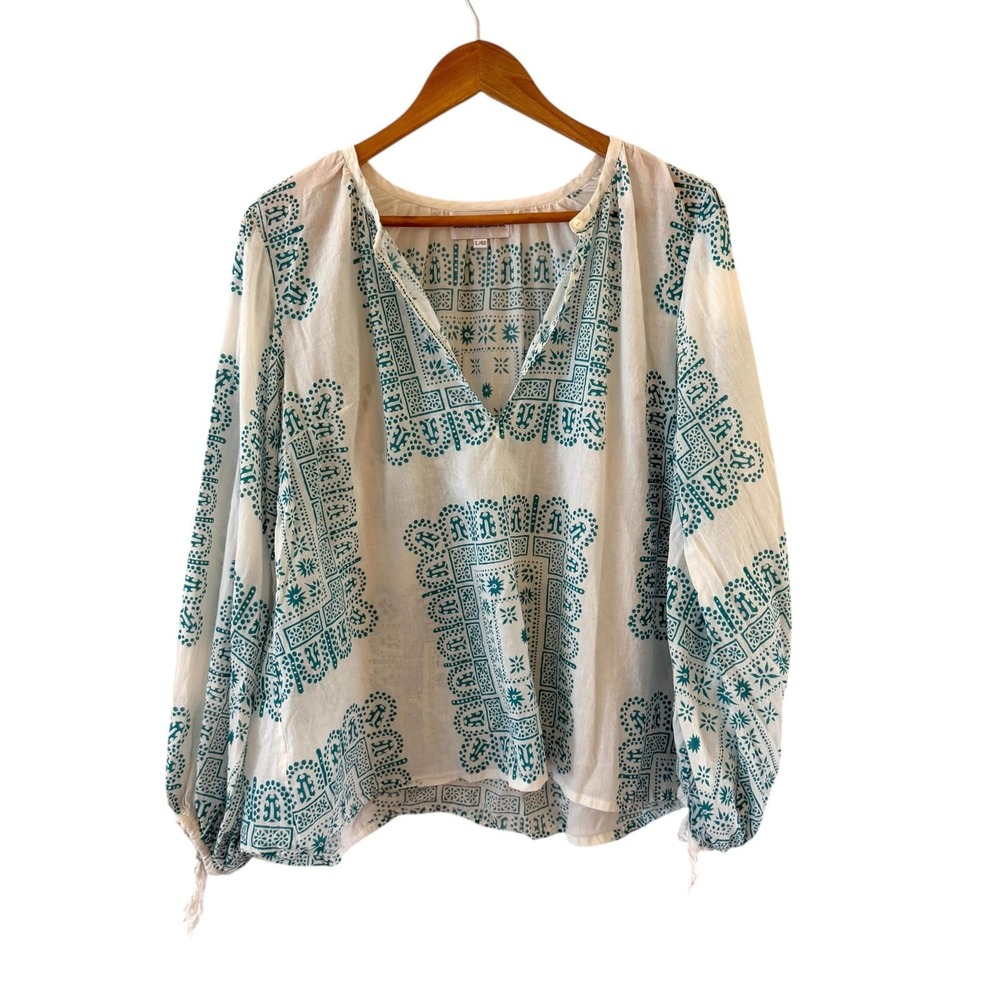 Antik Batik Nalii Blouse Tunic Top Womens L White Teal Geometric Boho Coastal